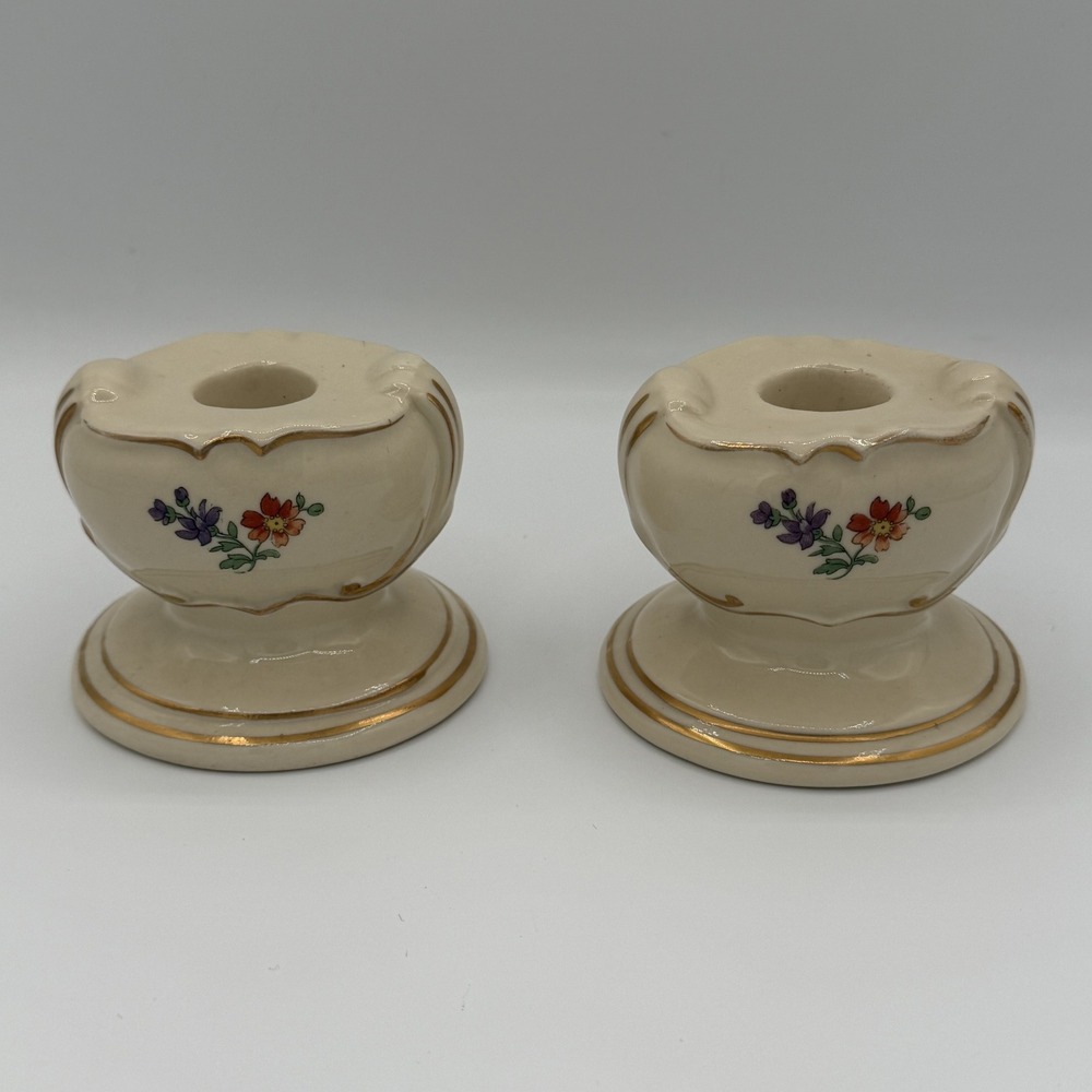 Set of 2 Vintage Princeton‎ China Cream Floral Gold Taper Candle Holders